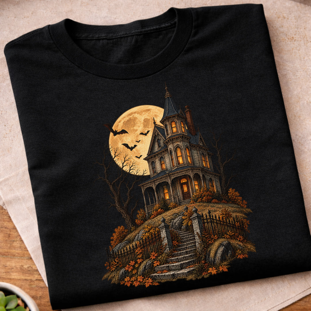 Haunted Victorian House Moon T-Shirt