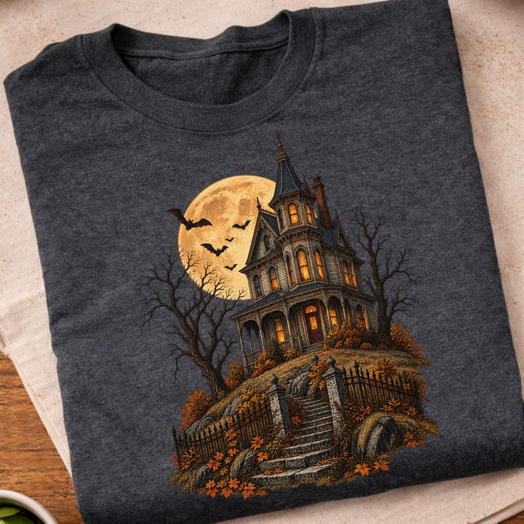 Haunted Victorian House Moon T-Shirt