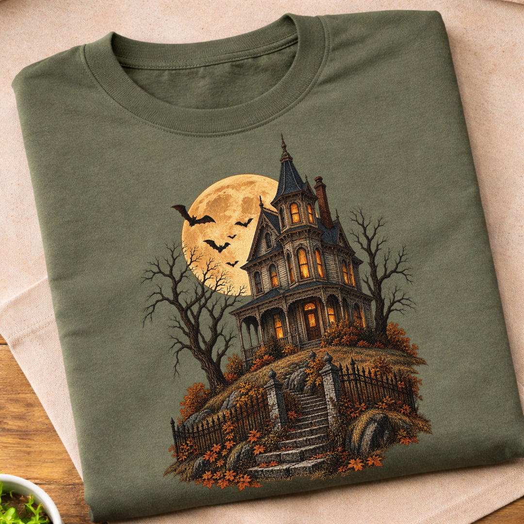 Haunted Victorian House Moon T-Shirt