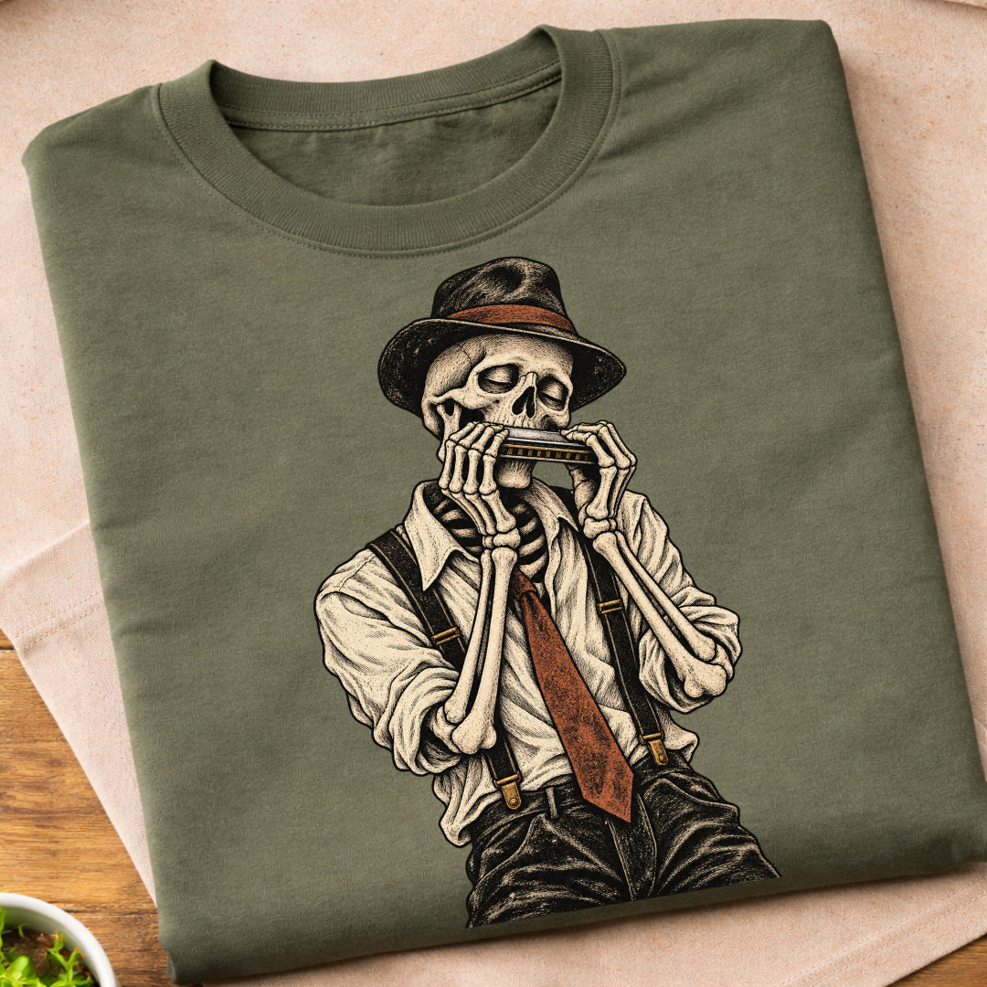 Skeleton Harmonica Player T-Shirt