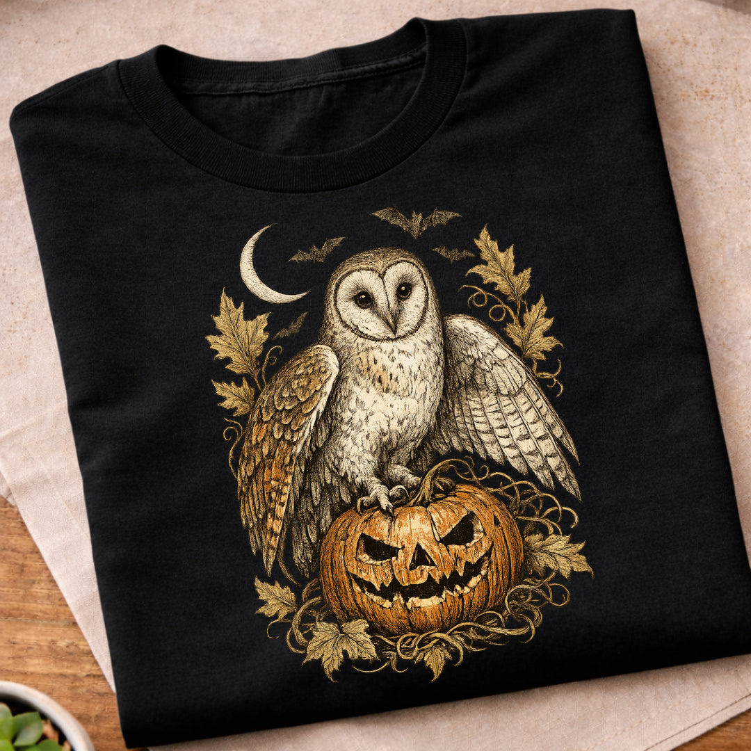 Owl Crescent Moon Leaves T-Shirt