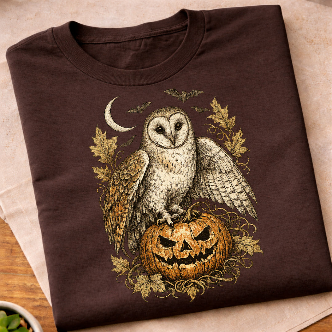 Owl Crescent Moon Leaves T-Shirt