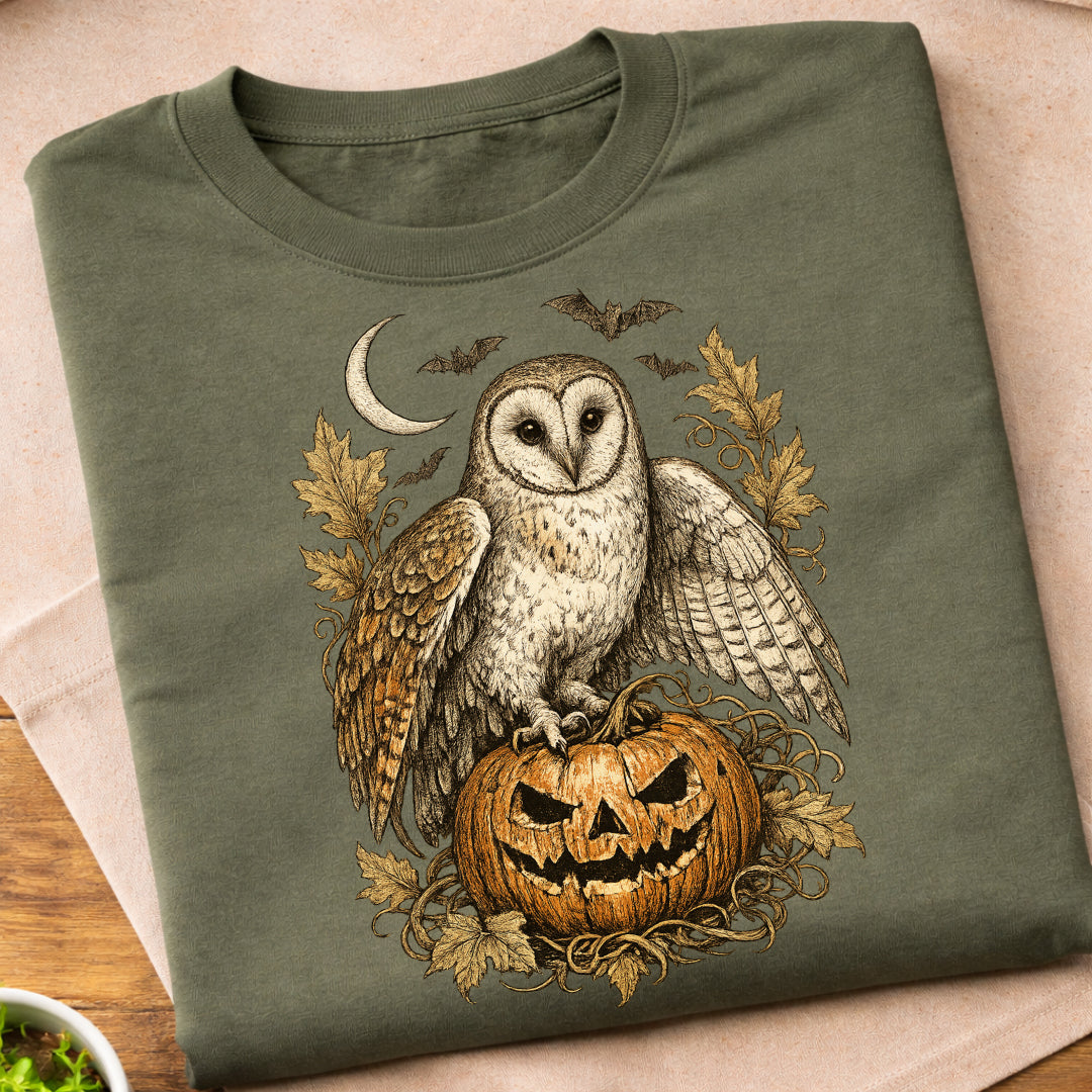 Owl Crescent Moon Leaves T-Shirt